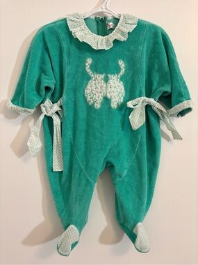 Vintage Baby Peng Teal Cat Polka Dot Terry Cloth Bubble Onesie Sleeper Romper